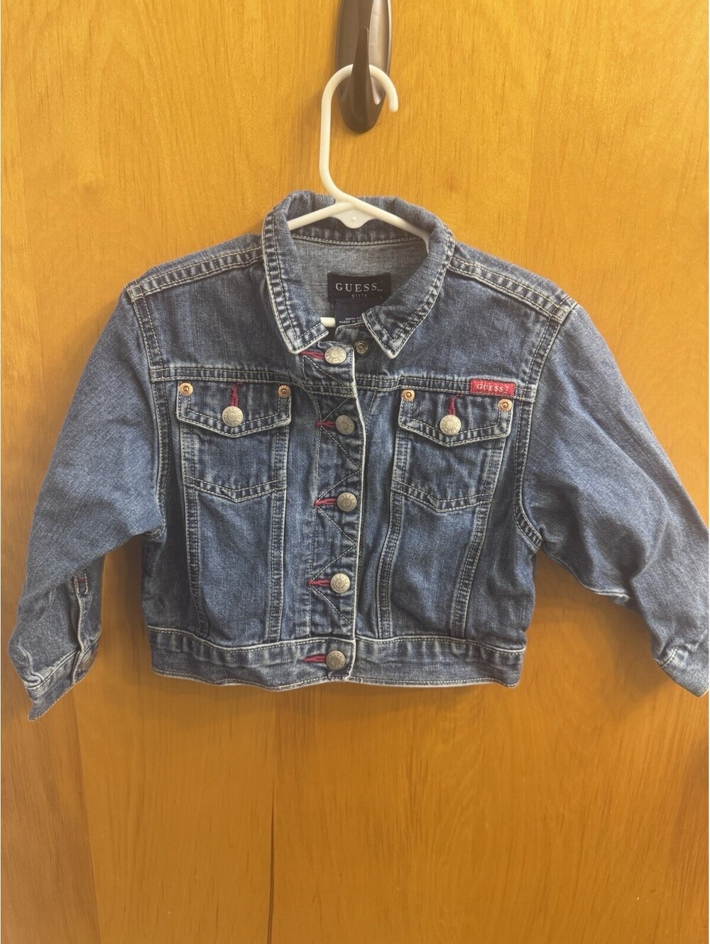 Guess Girls Blue Denim Jacket Red Stitching Size 4T Cotton Outerwear
